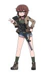  1girl assault_rifle breasts briar_(gamingsentry) brown_hair brown_jacket commission commissioner_upload grey_jacket gun highres jacket karepack long_sleeves m16 m16a1 non-web_source open_clothes open_jacket original patch rifle shirt short_hair suppressor weapon 