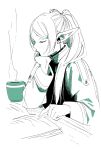  1girl abe_tsukasa book cup doodles earrings frieren from_side greyscale hand_on_own_chin highres jewelry long_hair looking_down monochrome mug official_art parted_bangs pointy_ears reading simple_background solo sousou_no_frieren table twintails upper_body white_background 