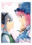  2girls blue_eyes blue_hat blush cherry_blossoms commentary_request from_side grey_hair hat kapuchii konpaku_youmu mob_cap multiple_girls open_mouth pink_hair saigyouji_yuyuko short_hair touhou triangular_headpiece upper_body 