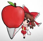  1girl :3 apple ascot bow brown_eyes brown_hair commentary deily detached_sleeves english_commentary food from_above fruit full_body hair_bow hair_tubes hakurei_reimu highres holding holding_food looking_at_viewer meme perspective shirt skirt sleeveless sleeveless_shirt smile solo touhou 