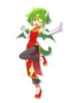  1girl absurdres black_pants blush china_dress chinese_clothes draco_centauros dragon_girl dragon_horns dragon_tail dragon_wings dress elbow_gloves fang full_body gloves green_eyes green_hair highres horns index_finger_raised looking_at_viewer offbeat one_eye_closed open_mouth pants pointy_ears puyopuyo red_dress red_footwear short_hair simple_background smile solo tail white_background white_gloves wings 