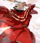  1girl arms_up axe brown_background capelet closed_mouth double_bun dress edelgard_von_hresvelg fake_horns fire_emblem fire_emblem:_three_houses from_side hair_bun hair_up headpiece highres holding holding_axe holding_weapon horns long_sleeves red_capelet red_dress sarano_6 solo standing violet_eyes weapon white_hair 