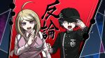  1boy 1girl ahoge akamatsu_kaede backpack bag baseball_cap black_hat black_jacket blonde_hair blue_hair breasts buttons clenched_hand collared_jacket collared_shirt commentary_request crest danganronpa_(series) danganronpa_v3:_killing_harmony double-breasted eyelashes hair_between_eyes hair_ornament hand_on_headwear hat high_collar jacket large_breasts layered_sleeves long_hair long_sleeves musical_note musical_note_hair_ornament necktie official_style one_eye_closed open_mouth orange_necktie parody pink_vest pinstripe_jacket pinstripe_pattern pinstripe_sleeves pocket saihara_shuichi shirt short_hair style_parody teeth upper_body v-shaped_eyebrows vest violet_eyes white_bag white_shirt white_sleeves yellow_eyes yumaru_(marumarumaru) 