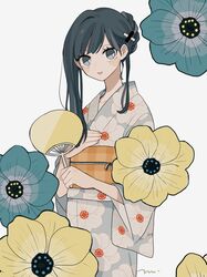  1girl blue_eyes blue_hair blush_stickers braid flower hair_ornament hand_fan hand_on_own_chest highres holding holding_fan japanese_clothes kimono long_hair long_sleeves looking_at_viewer maco22 obi open_mouth original paper_fan sash smile solo uchiwa wide_sleeves x_hair_ornament 