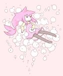  1girl air_bubble animal_ears black_pantyhose bubble closed_mouth diode_(0_division) dress full_body highres long_hair long_sleeves looking_afar no_shoes original pantyhose pink_background pink_dress pink_eyes pink_hair shirt sidelocks solo very_long_hair yellow_shirt 