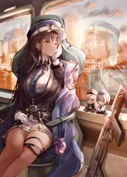  1girl absurdres aiguillette belt black_belt black_hair blue_coat blue_hair blue_necktie breasts brid_(nikke) brown_eyes chair closed_mouth coat coat_on_shoulders collared_shirt commentary_request diesel_(nikke) garrison_cap gloves goddess_of_victory:_nikke grey_hair hair_over_one_eye hand_on_own_cheek hand_on_own_face hat highres jacket jacket_on_shoulders large_breasts long_hair looking_outside military_hat miniskirt necktie pinjirooo pleated_skirt reflection shirt sitting skirt smile soline_(nikke) solo_focus striped_necktie thigh_strap white_gloves white_hair white_shirt white_skirt window 