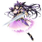  1girl armor armored_dress breasts closed_mouth date_a_live dress full_body large_breasts long_hair official_art overlord_(maruyama) ponytail purple_dress purple_hair shoulder_armor solo sword v-shaped_eyebrows violet_eyes weapon yatogami_tooka 