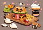  animal burger cat cheese cup disposable_cup drink drinking_straw food food_focus french_fries hakuchizu halloween jack-o&#039;-lantern ketchup lettuce meat no_humans original pumpkin tomato tomato_slice 