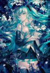  1girl bare_shoulders black_skirt black_thighhighs blue_eyes blue_hair blue_necktie blue_trim chinese_commentary collared_shirt commentary_request cowboy_shot detached_sleeves floating_hair floating_neckwear grey_background hatsune_miku highres leaf liujiang2020 long_hair looking_to_the_side necktie shirt skirt sleeveless sleeveless_shirt solo standing thigh-highs twintails vocaloid white_shirt 