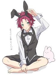  1boy absurdres adjusting_clothes adjusting_headwear animal animal_ears arm_up bad_feet black_bow black_bowtie black_shorts black_vest bow bowtie collared_shirt dress_shirt ensemble_stars! fake_animal_ears full_body green_eyes highres indian_style isara_mao long_sleeves male_focus rabbit rabbit_ears reijiro shadow shirt shorts sideways_glance simple_background sitting sleeve_cuffs solo traditional_bowtie translation_request vest white_background white_shirt wing_collar 