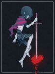  1other androgynous armor black_background blue_hair blue_skin border clenched_hand closed_mouth colored_skin deltarune eleanor_(ohmyeleanor) english_commentary gloves hair_over_eyes heart highres holding holding_sword holding_weapon kris_(deltarune) legs_up other_focus pixel_heart scarf short_hair simple_background solo striped_clothes striped_scarf sword weapon white_border 