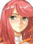  &gt;:( 1girl absurdres antangonist arcane_odyssey blush fire freckles green_eyes highres jacket long_hair looking_at_viewer redhead shirt simple_background v-shaped_eyebrows white_background white_shirt 