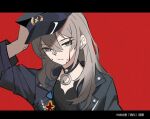  1girl black_choker black_hat black_jacket black_shirt blood blood_on_face choker commentary film_grain girls_band_cry grey_eyes grey_hair hat jacket jhon_trick kawaragi_momoka letterboxed long_hair looking_at_viewer parted_lips police_hat shirt solo translation_request upper_body 