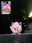  1boy :d absurdres closed_eyes commentary drum drum_set fan_screaming_at_madison_beer_(meme) highres holding holding_microphone inset instrument jigglypuff meme microphone mr.bigdon1992 music nose_bubble open_mouth photo_background pokemon pokemon_(creature) singing sleeping smile stage standing 