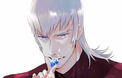  1boy archived_source biting blue_eyes blue_gemstone gem grey_hair kakkoaki male_focus medium_hair megalo_box portrait red_sweater short_sidelocks sidelocks solo sweater white_background yuuri_(megalo_box) 