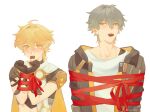  2boys aether_(genshin_impact) ahoge arm_armor armor artist_name blonde_hair blush braid brown_gloves brown_shirt caelus_(honkai:_star_rail) candy cape chocolate closed_mouth commentary company_connection crossover earrings food food_in_mouth genshin_impact gloves gold_trim grey_hair grey_jacket hair_between_eyes hands_up heart heart-shaped_chocolate highres honkai:_star_rail honkai_(series) hood hooded_jacket jacket jewelry long_hair long_sleeves looking_at_viewer male_focus mao_omelet mihoyo multiple_boys open_clothes open_jacket orange_eyes orange_jacket red_ribbon ribbon scarf shirt short_hair short_sleeves shoulder_armor simple_background single_earring symbol-only_commentary t-shirt tape trailblazer_(honkai:_star_rail) two-sided_fabric two-sided_jacket white_background white_scarf white_shirt yellow_cape yellow_eyes 