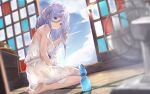  1girl absurdres alternate_colored_grass barefoot blue_eyes blue_hair bottle clouds commission date_a_live dress electric_fan hand_in_own_hair highres indoors long_hair sliding_doors smile solo takamiya_mio water_bottle white_dress yu_pian 