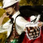  1boy bow brown_eyes cotori_(globule) cowboy_hat cup drinking_glass facial_hair from_side gnosia goatee grin hat jonas_(gnosia) looking_at_viewer mustache short_hair smile solo 