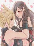  1boy 1girl bare_shoulders black_gloves black_hair blonde_hair blue_eyes blush brown_gloves brown_hair closed_mouth cloud_strife commentary_request couple crop_top earrings elbow_gloves falling_petals final_fantasy final_fantasy_vii final_fantasy_vii_rebirth final_fantasy_vii_remake fingerless_gloves gloves hand_on_another&#039;s_cheek hand_on_another&#039;s_face highres jewelry lips long_hair looking_at_another midriff parted_lips petals red_eyes rena_s1226 short_hair single_earring sleeveless sleeveless_turtleneck smile spiky_hair suspenders sweater tank_top tifa_lockhart turtleneck turtleneck_sweater upper_body white_tank_top 