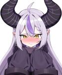  1girl black_dress blush braid braided_bangs brown_eyes closed_mouth dated_commentary demon_horns dress grey_hair hair_between_eyes highres hololive horns la+_darknesss long_sleeves looking_at_viewer multicolored_hair nose_blush pointy_ears purple_hair simple_background sleeves_past_fingers sleeves_past_wrists solo streaked_hair tosyeo upper_body virtual_youtuber white_background 
