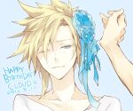  1boy alternate_costume bad_source bisuko blonde_hair blue_background blue_eyes blue_flower character_name cloud_strife dated english_text final_fantasy final_fantasy_vii flower hair_flower hair_ornament happy happy_birthday light_smile male_focus one_eye_closed pov pov_hands shirt short_hair simple_background solo spiky_hair third-party_source upper_body v-neck white_shirt 