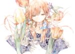  1girl black_shirt bug butterfly closed_eyes facing_viewer flower highres jewelry kazuka long_hair necklace orange_hair original painting_(medium) shirt solo traditional_media tulip upper_body watercolor_(medium) white_background wide_sleeves 