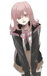  1girl :d black_jacket black_thighhighs brown_skirt collared_shirt cowboy_shot danganronpa_(series) danganronpa_2:_goodbye_despair dokkai_7 highres jacket miniskirt nanami_chiaki neck_ribbon no_hair_ornament open_clothes open_jacket pink_eyes pink_ribbon pleated_skirt ribbon shirt simple_background skirt smile thigh-highs two-tone_shirt white_background zettai_ryouiki 