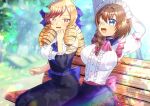  2girls ;d arms_behind_head ascot black_dress black_skirt blonde_hair blue_bow blue_eyes blurry blurry_background blush bow braid breasts brown_eyes brown_hair center_frills clothing_cutout commentary_request commission day depth_of_field dress drill_hair frills hair_between_eyes hair_bow hand_up kou_hiyoyo large_breasts layered_sleeves long_sleeves maid_headdress multicolored_hair multiple_girls on_bench one_eye_closed original outdoors pink_ascot pink_bow puffy_long_sleeves puffy_sleeves shirt short_over_long_sleeves short_sleeves shoulder_cutout single_braid sitting skeb_commission skirt smile streaked_hair swept_bangs tree white_shirt 