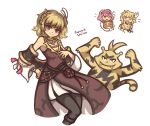  2girls blonde_hair braid brown_dress cape capoolarioo citrinne_(fire_emblem) dress earrings electabuzz feather_hair_ornament feathers fire_emblem fire_emblem_engage gold_choker gold_trim grey_hairband hair_ornament hairband highres hoop_earrings jewelry lapis_(fire_emblem) leather_wrist_straps mismatched_earrings multiple_girls pink_eyes pink_hair pokemon red_cape red_eyes red_hairband ribbon side_braid teddiursa two-tone_hairband white_ribbon wing_hair_ornament 