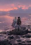  2boys androgynous beach bird black_hair boots brown_cloak chinese_clothes cloak clouds cloudy_sky commentary_request evening full_body gradient_sky grey_hair highres long_hair looking_at_another male_focus multiple_boys ocean original pink_sky ponytail rock scabbard scenery sheath shore sky standing sword toruglose weapon 