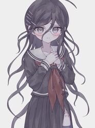  1girl absurdres black_hair black_thighhighs body_writing braid brown_hair danganronpa:_trigger_happy_havoc danganronpa_(series) fukawa_toko glasses hair_ornament hairclip hands_up highres long_hair mole mole_under_mouth neckerchief own_hands_together red_neckerchief round_eyewear school_uniform serafuku shirt skirt thigh-highs torn_clothes torn_neckerchief twin_braids yukino_(yukino00) 