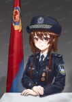 1girl absurdres alternate_costume arms_on_table blue_hat blue_jacket blue_necktie brown_hair china chinese_commentary chinese_text collar_tabs collared_shirt commentary_request flag girls_frontline grey_background hat highres huihuang_rongyao jacket lapels long_sleeves looking_at_viewer medal necktie notched_lapels pixiv_id pixiv_username red_eyes shirt short_hair_with_long_locks shoulder_boards smile solo table type_79_(girls&#039;_frontline) uniform watermark white_shirt