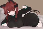  1girl animal_ears black_bow bow braid breasts cat_ears cat_girl cat_tail commentary_request extra_ears full_body hair_bow highres kaenbyou_rin large_breasts looking_at_viewer moriforest1040 multiple_tails red_eyes redhead side_braids solo tail touhou twin_braids two_tails 