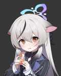 1girl animal_ear_fluff animal_ears black_background black_coat black_dress blue_archive bow brown_eyes carrot_juice china_dress chinese_clothes cleavage_cutout clothing_cutout coat commentary_request cup dress grey_hair hair_between_eyes hair_bow hair_ribbon halo harunene head_tilt highres holding holding_cup juice kokona_(blue_archive) long_hair long_sleeves looking_at_viewer multicolored_hair open_clothes open_coat parted_lips ribbon sidelocks simple_background solo streaked_hair tiger_ears tiger_girl two-tone_hair upper_body 