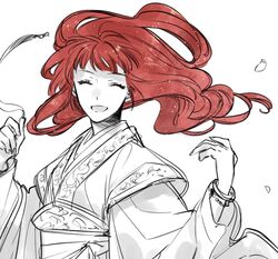  1girl ^_^ blunt_bangs bracelet closed_eyes falling_petals floating_hair jewelry juuni_kokuki long_hair nakajima_youko open_mouth partially_colored petals ran_(ran_0605) redhead sash simple_background smile solo upper_body vest wide_sleeves 