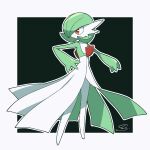  black_background bob_cut colored_skin dress gardevoir green_hair hair_over_one_eye highres iie_efg multicolored_skin pink_eyes pokemon pokemon_(creature) signature simple_background two-tone_skin white_dress white_skin 