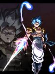  1boy abs aura black_vest blue_eyes blue_hair commentary_request cropped_vest dragon_ball dragon_ball_super dragon_ball_super_broly energy_sword full_body gogeta highres male_focus medium_hair muscular muscular_male no_shirt pants smirk solo spiky_hair super_saiyan super_saiyan_blue sword tkht_9315 vest weapon white_pants zoom_layer 