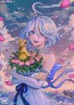 1girl blue_bow blue_eyes bouquet bow clouds cowlick crossed_arms crown crying crying_with_eyes_open detached_sleeves dress drop-shaped_pupils falling_petals furina_(genshin_impact) genshin_impact gradient_sky grey_choker heterochromia highres holding holding_bouquet huge_bow izzycrownart looking_at_viewer mini_crown open_mouth petals purple_sky red_sky short_hair sky solo symbol-shaped_pupils tears teeth trophy twitter_username upper_body water wavy_hair white_dress white_sleeves 