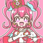  1girl bow bright_pupils brooch choker cone_hair_bun cure_precious delicious_party_precure double_bun earrings gloves hair_bow hair_bun heart heart_brooch highres jewelry long_hair looking_at_viewer mayena nagomi_yui off_shoulder outline pink_background pink_bow pink_choker pink_hair precure smile solo upper_body very_long_hair violet_eyes white_gloves white_outline white_pupils 