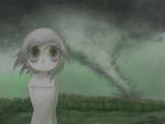  1girl @_@ absurdres bags_under_eyes closed_mouth corn_field dress green_eyes grey_hair grey_sky highres looking_at_viewer mentha_(menthalovely) messy_hair no_nose original short_hair sky solo strap_slip tornado white_dress 