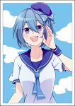  1girl biyo blue_bow blue_eyes blue_hair blue_hat blue_neckerchief blue_sailor_collar blue_sky blue_wrist_cuffs border bow claire_elford clouds collarbone hair_between_eyes hand_up hat hat_bow highres neckerchief open_mouth sailor sailor_collar sailor_hat school_uniform serafuku short_hair short_sleeves sky smile solo teeth upper_teeth_only white_border white_serafuku witch&#039;s_heart wrist_cuffs 