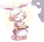 1girl animal_ears apron blush body_fur character_request closed_eyes copyright_request full_body holding holding_tray nollety open_mouth oven_mitts rabbit_ears rabbit_girl short_hair slippers solo_focus standing tray 