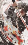  black_hair black_jacket blood blood_on_face blood_on_weapon fighting_stance fish goldfish highres holding holding_sword holding_weapon hydrokinesis jacket kagurabachi katana red_eyes rokuhira_chihiro sabiwara7373 scar scar_on_cheek scar_on_face solo sword twitter_username water water_drop weapon 