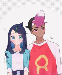  1boy 1girl :&lt; black_hair black_hat black_shorts blush closed_mouth colored_inner_hair commentary_request dark-skinned_male dark_skin eyelashes green_eyes green_jacket hat highres jacket liko_(pokemon) long_hair looking_to_the_side multicolored_hair open_clothes open_jacket pokemon pokemon_(anime) pokemon_horizons purple_hair raglan_sleeves rei_hinketsu roy_(pokemon) shirt shorts t-shirt translation_request two-tone_hair upper_body white_background white_shirt 