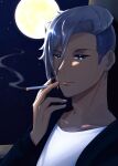  1boy absurdres bishounen blue_eyes cigarette contemporary earrings full_body grey_hair hair_between_eyes hand_up highres holding holding_cigarette jewelry looking_at_viewer male_focus moon nakukaba night night_sky revenger shirt sky smoking solo usui_yuen white_shirt 