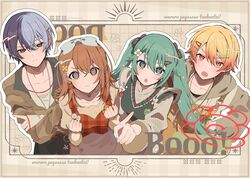  2boys 2girls aoyagi_touya apron aqua_eyes aqua_hair aqua_nails blonde_hair blue_hair booo! bow bracelet braid brown_hair brown_hoodie brown_jacket chain_necklace cherry_earrings collarbone commentary_request crossed_arms dark_blue_hair earrings english_text flower food food-themed_earrings frown fruit gradient_hair grey_eyes hair_between_eyes hair_bow hair_ornament hairclip hanasato_minori hands_on_own_hips hatsune_miku highres hood hoodie jacket jewelry light_blue_hair looking_at_viewer more_more_jump!_miku multicolored_hair multiple_boys multiple_girls necklace open_mouth orange_eyes orange_hair pearl_necklace plaid plaid_apron plaid_shirt pointing pointing_at_viewer project_sekai romaji_text shirt side_braid sidelocks single_sidelock sleeves_past_wrists split-color_hair strawberry teacrown tenma_tsukasa twintails two-tone_hair white_shirt 