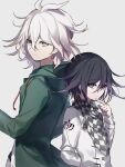  2boys arm_behind_back arm_belt black_scarf buttons chain checkered_clothes checkered_scarf closed_mouth colored_tips commentary_request cowboy_shot cret danganronpa_(series) danganronpa_2:_goodbye_despair danganronpa_v3:_killing_harmony finger_to_own_chin green_eyes green_jacket green_sleeves grey_background hair_between_eyes height_difference highres hood hood_down hooded_jacket huyuharu0214 jacket layered_sleeves light_smile long_sleeves looking_at_viewer male_focus messy_hair multicolored_hair multiple_boys open_clothes open_jacket purple_hair scarf shirt short_hair simple_background sleeves_past_wrists two-tone_scarf upper_body violet_eyes white_hair white_jacket white_scarf white_shirt white_sleeves 