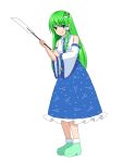  1girl :q absurdres blue_skirt commentary detached_sleeves frog_hair_ornament gohei green_eyes green_footwear green_hair hair_ornament hair_tubes highres holding holding_gohei kochiya_sanae long_hair shoes simple_background single_hair_tube skirt smile snake_hair_ornament solo tatsu_toyoyo tongue tongue_out touhou white_background 