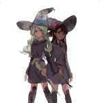  2girls asymmetrical_bangs black_footwear boots bulubulu_(7441513) diana_cavendish english_commentary hat highres holding holding_wand kagari_atsuko knee_boots little_witch_academia long_hair looking_at_another luna_nova_school_uniform multiple_girls protecting school_uniform shiny_rod_(little_witch_academia) simple_background standing wand white_background witch_hat 