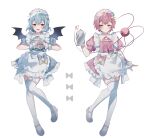  2girls :d absurdres alternate_costume apron bat_wings blue_bow blue_dress blue_hair blush bow closed_mouth commentary_request dress enmaided frilled_apron frills full_body garter_straps grey_footwear hair_ornament hairclip heart heart_hair_ornament heart_hands highres holding holding_teapot komeiji_satori looking_at_viewer maid maid_apron maid_headdress mary_janes multiple_girls pink_dress pink_eyes pink_hair puffy_short_sleeves puffy_sleeves red_eyes remilia_scarlet shoes short_hair short_sleeves simple_background smile sorani_(kaeru0768) teapot thigh-highs third_eye touhou white_apron white_background white_thighhighs wings wrist_cuffs yellow_bow 